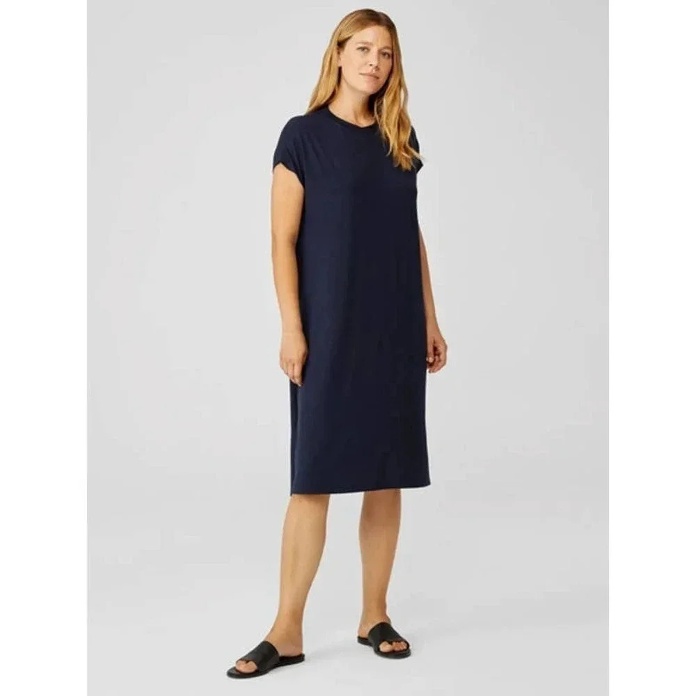 Eileen Fisher Size S Viscose Jersey Crew Neck Dress In Navy Blue - Picture 2 of 9